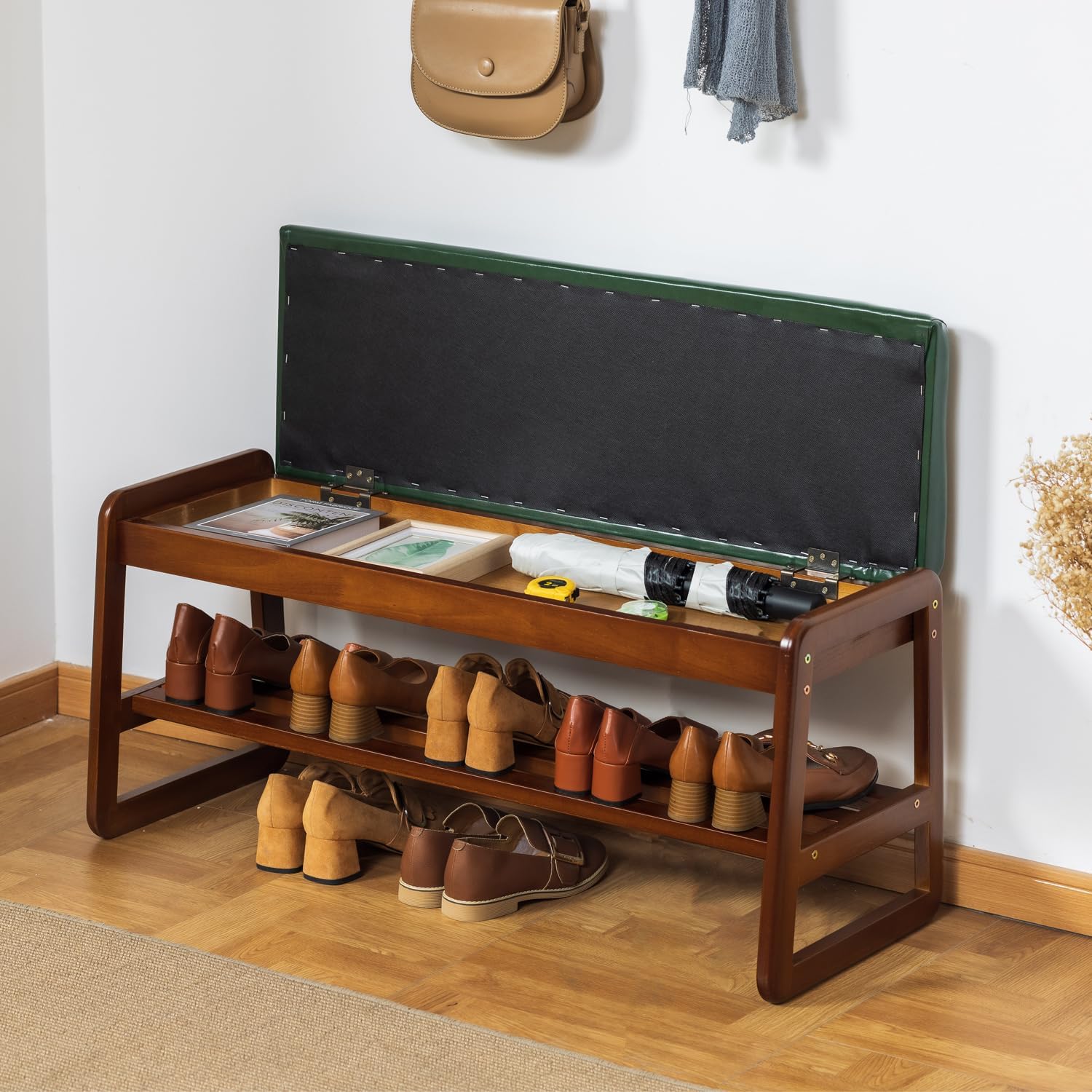 Green Flip Storage Cushioned Shoe Bench