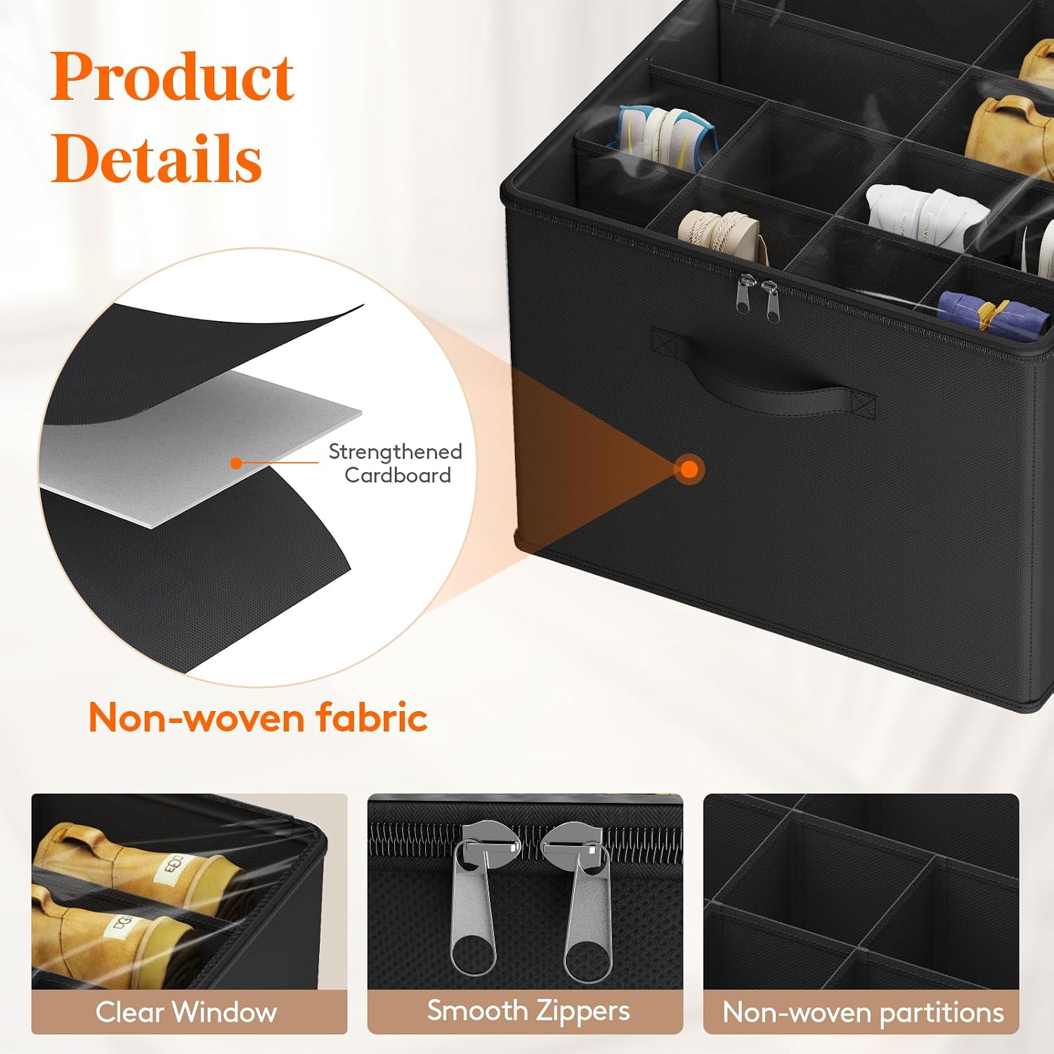 Black 3 Pack Fabric Shoe Storage Bins