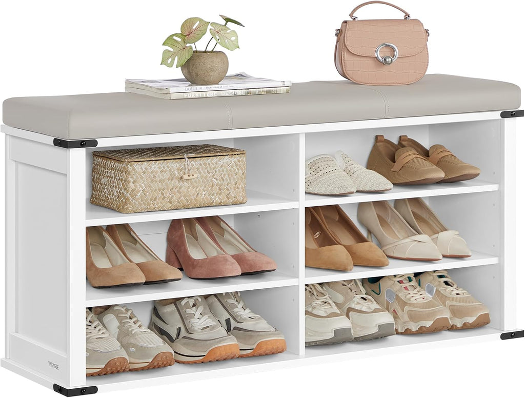White Cushioned 6-Grid Shoe Bench