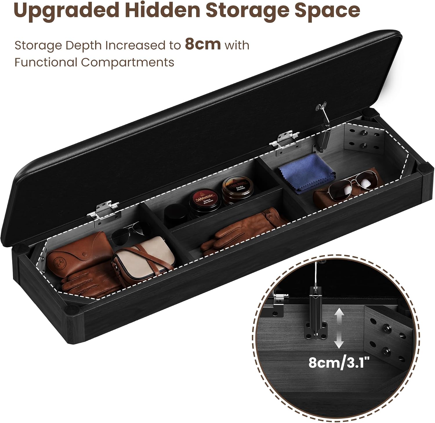 Black Hidden Storage Cushioned Shoe Bench