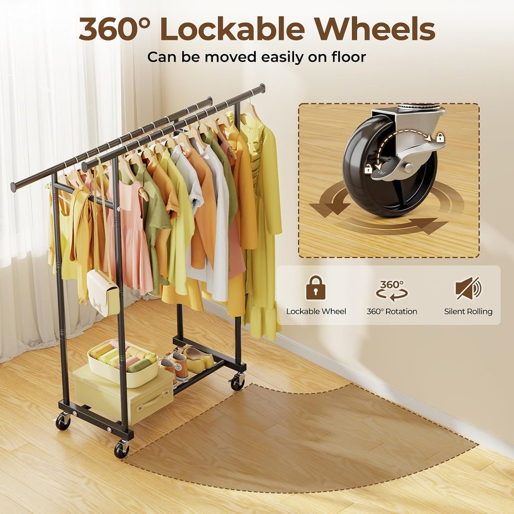 Black Rolling Double Rod Garment Rack