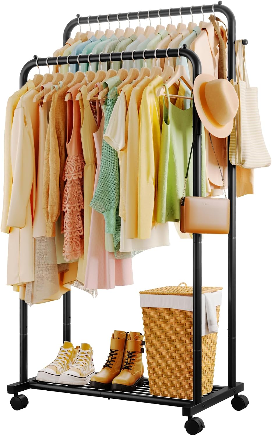 Black Double Rod Garment Rack with Mesh Shelf Wheels