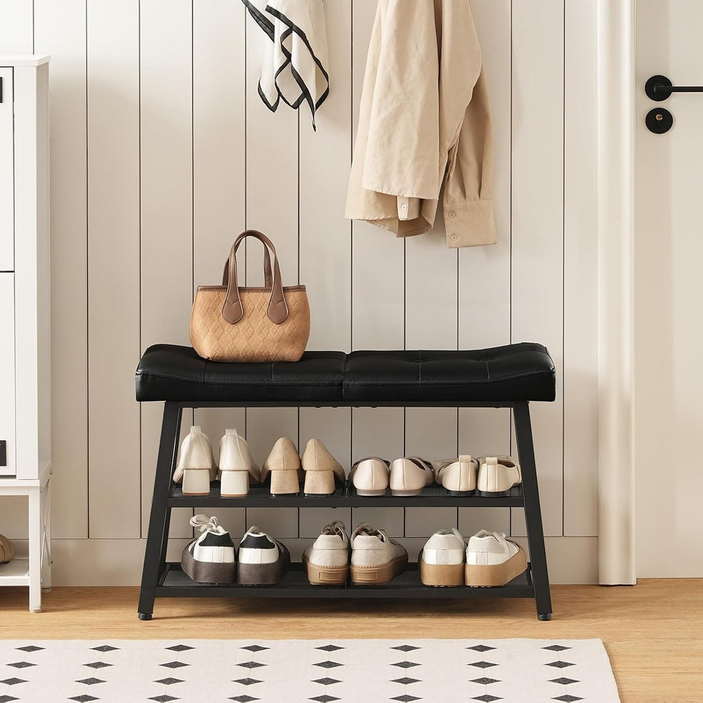 Black Cushioned 3-Tier Shoe Bench