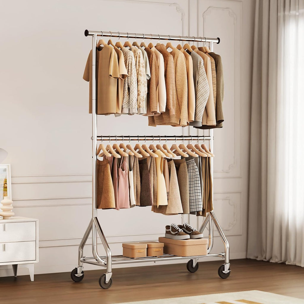 Silver Double Rod Rolling Clothes Rack