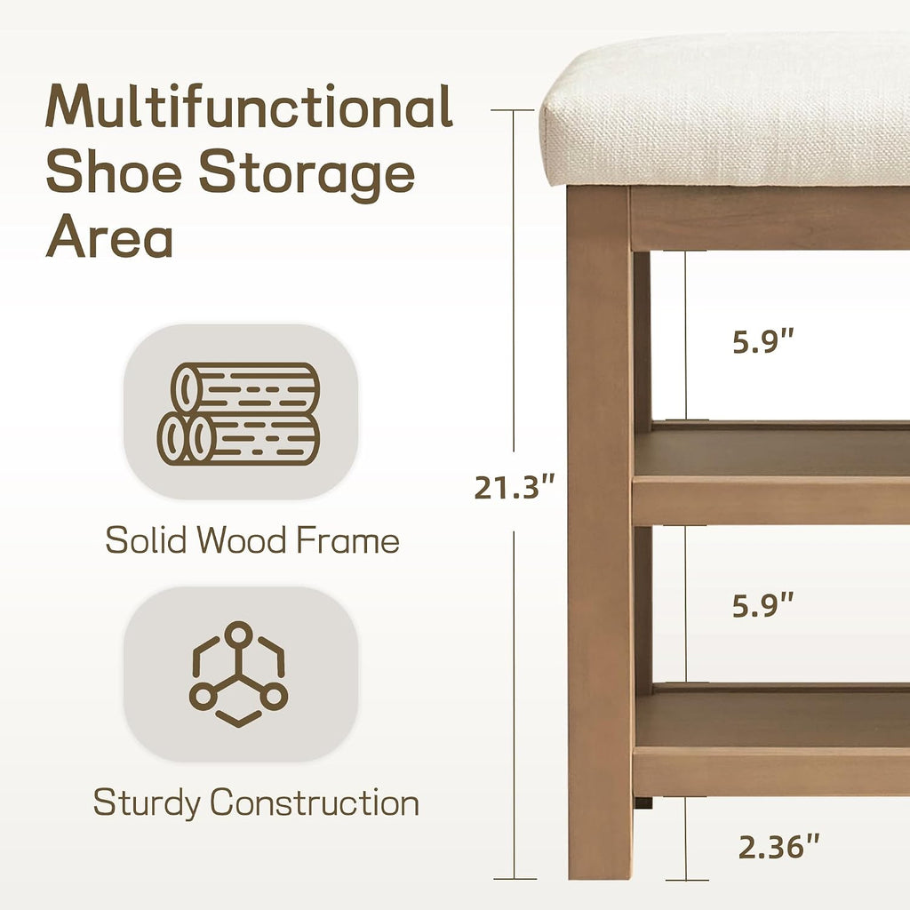 Beige Wood Cushioned 2-Tier Shoe Bench