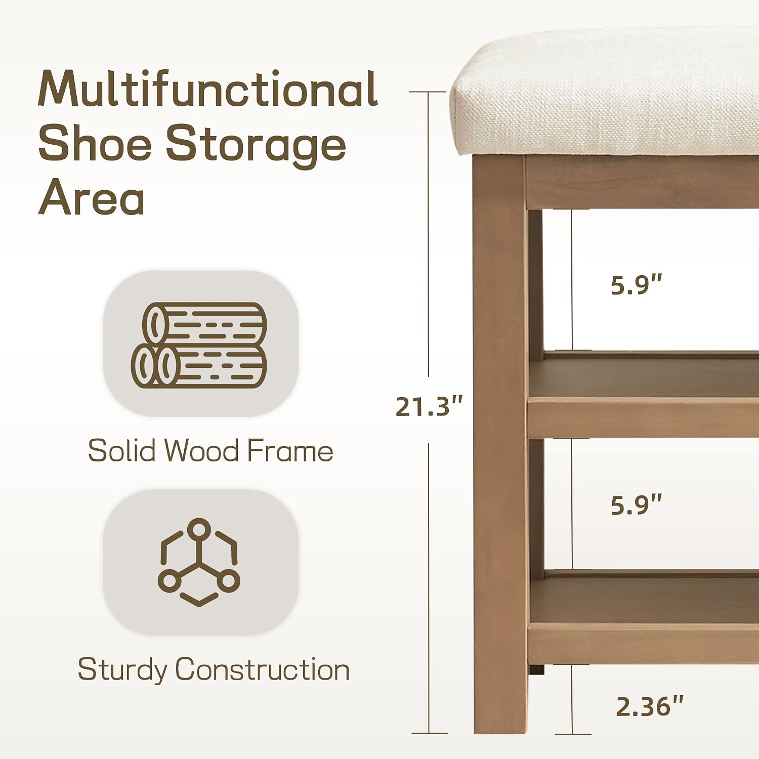 Beige Wood Cushioned 2-Tier Shoe Bench