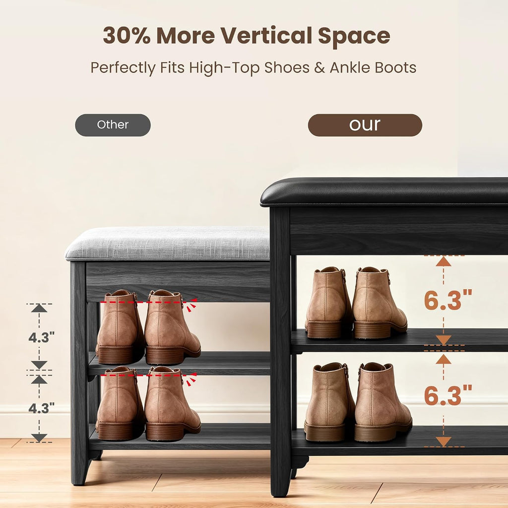 Black Hidden Storage Cushioned Shoe Bench