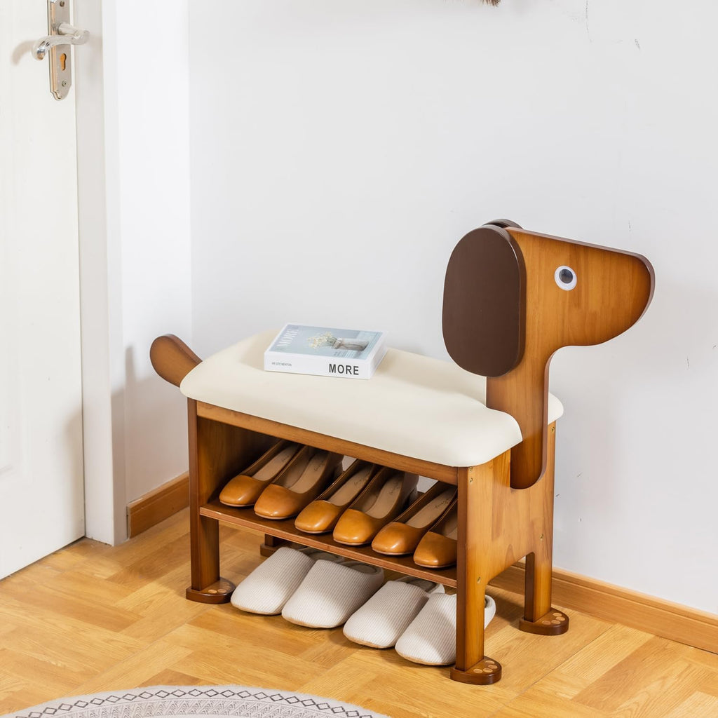Wood Dog Shaped Cushioned Shoe Bench