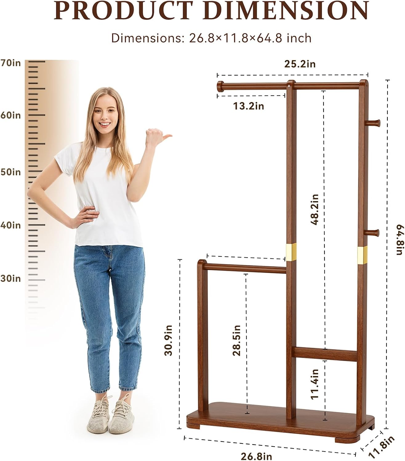 Solid Wood Double Rod Freestanding Coat Rack