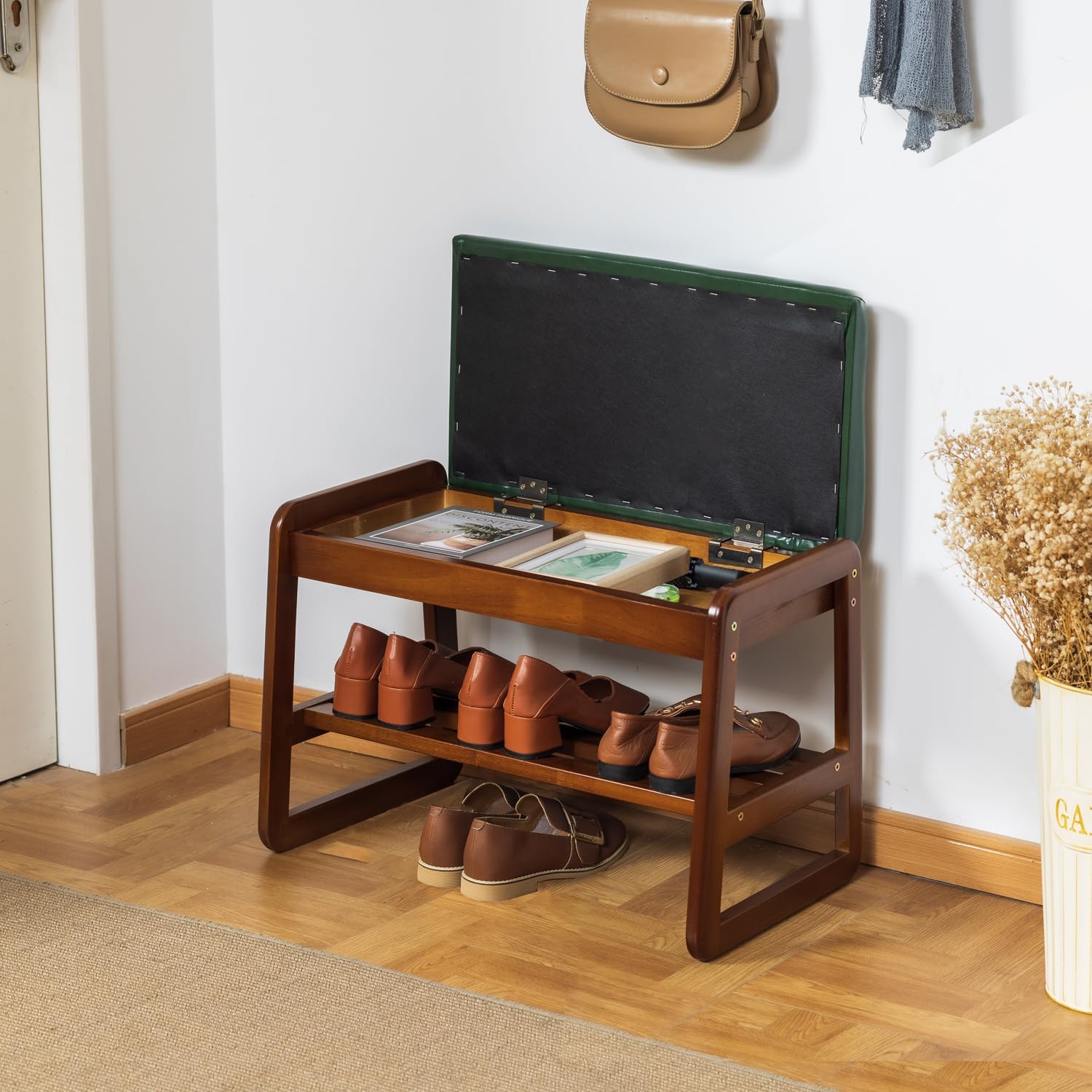 Green Flip Storage Cushioned Shoe Bench