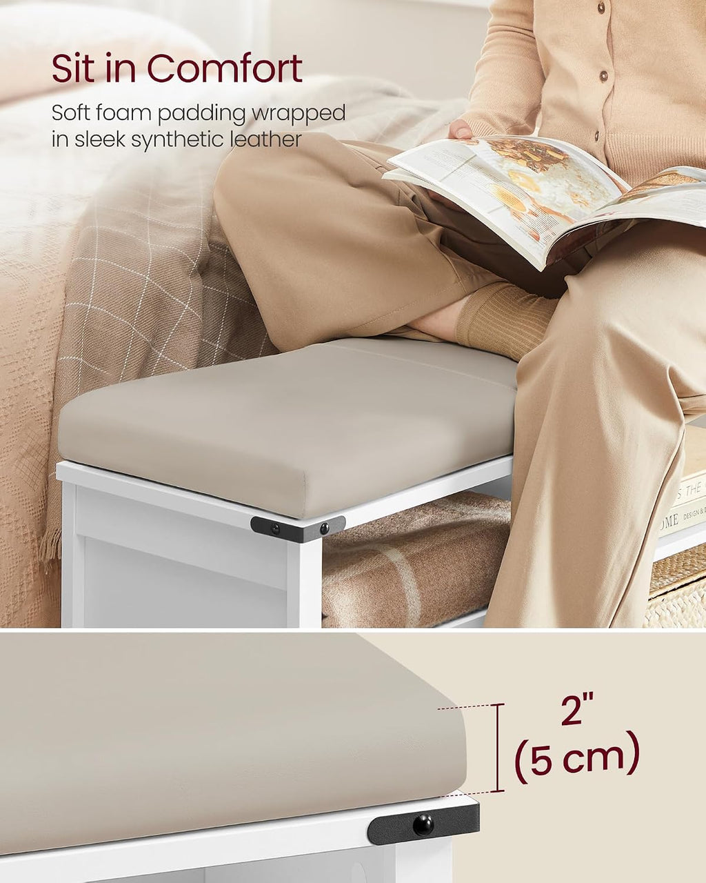 White Cushioned 6-Grid Shoe Bench