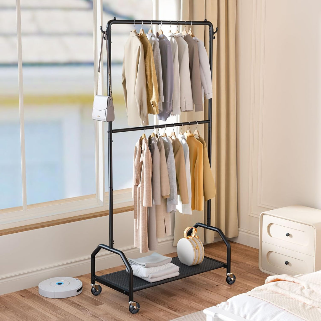 Rolling Double Rod Clothes Rack with Bottom Shelf