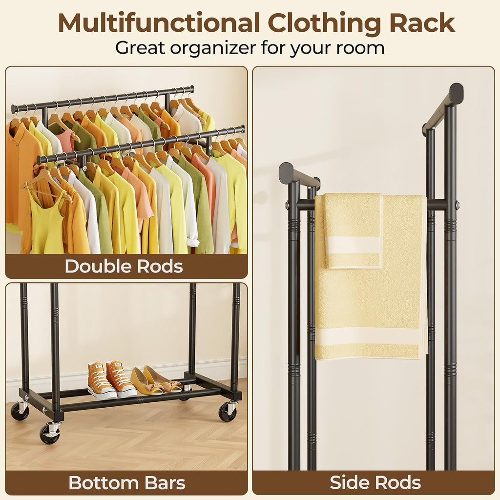 Black Rolling Double Rod Garment Rack