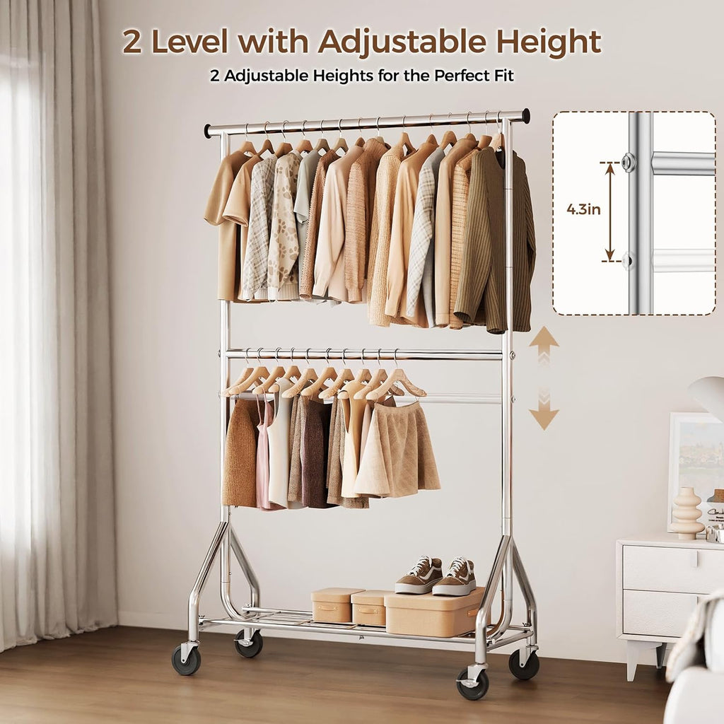 Silver Double Rod Rolling Clothes Rack