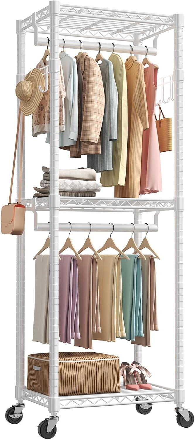 White Rolling Double Rod Clothes Rack