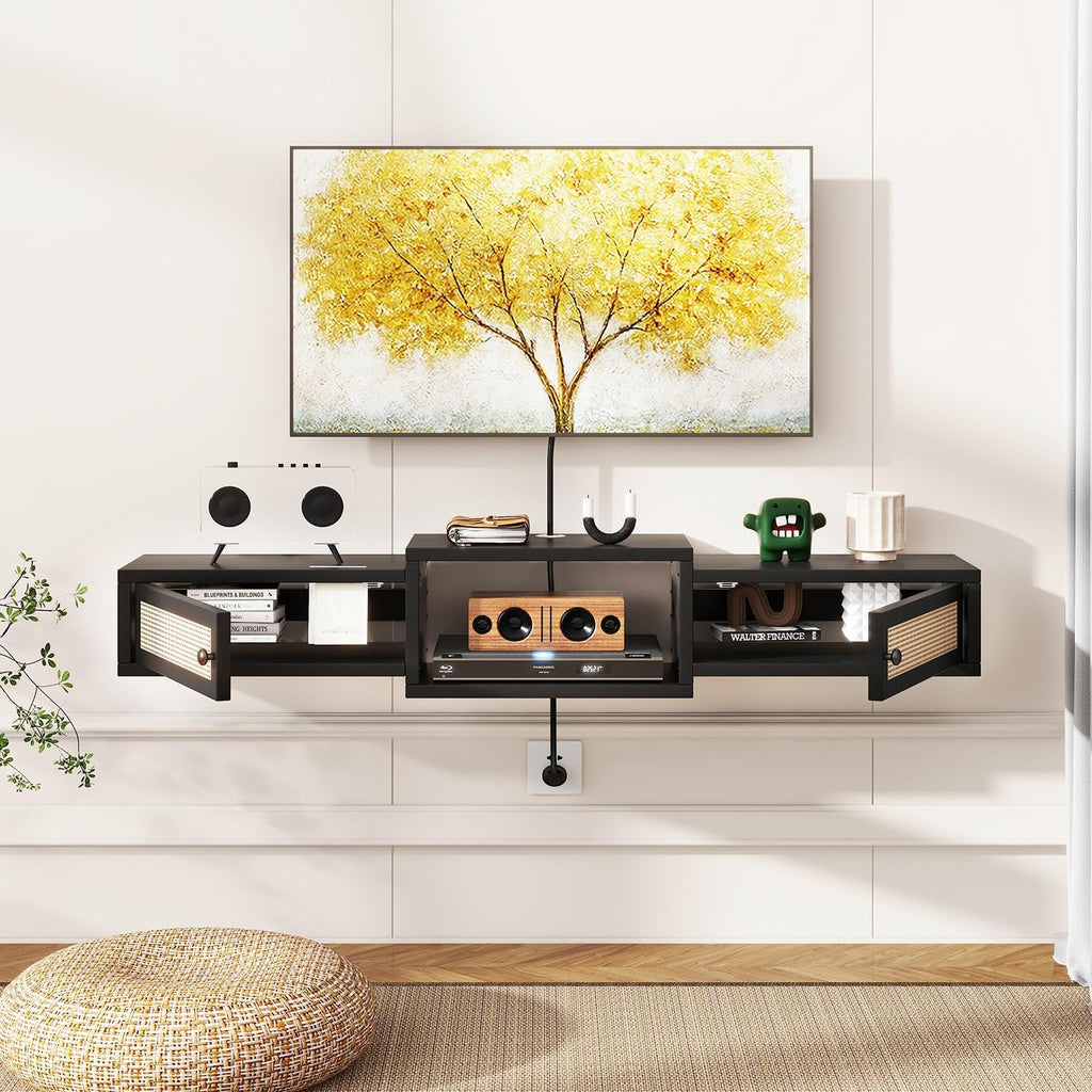 Black Rattan Floating TV Stand UWST012B