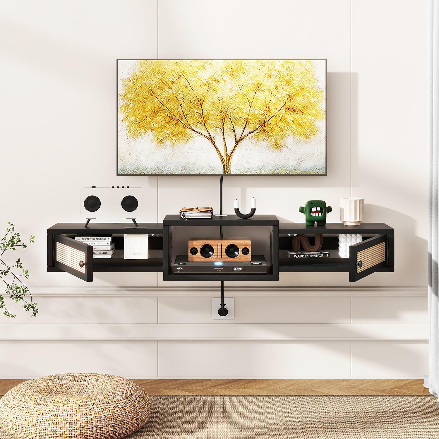 Black Rattan Floating TV Stand UWST012B