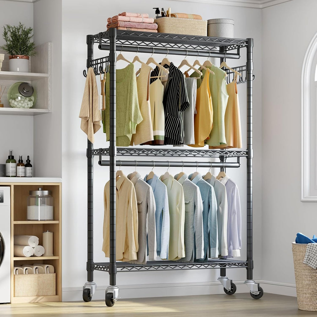 Black R2 Double Rod Rolling Clothes Rack