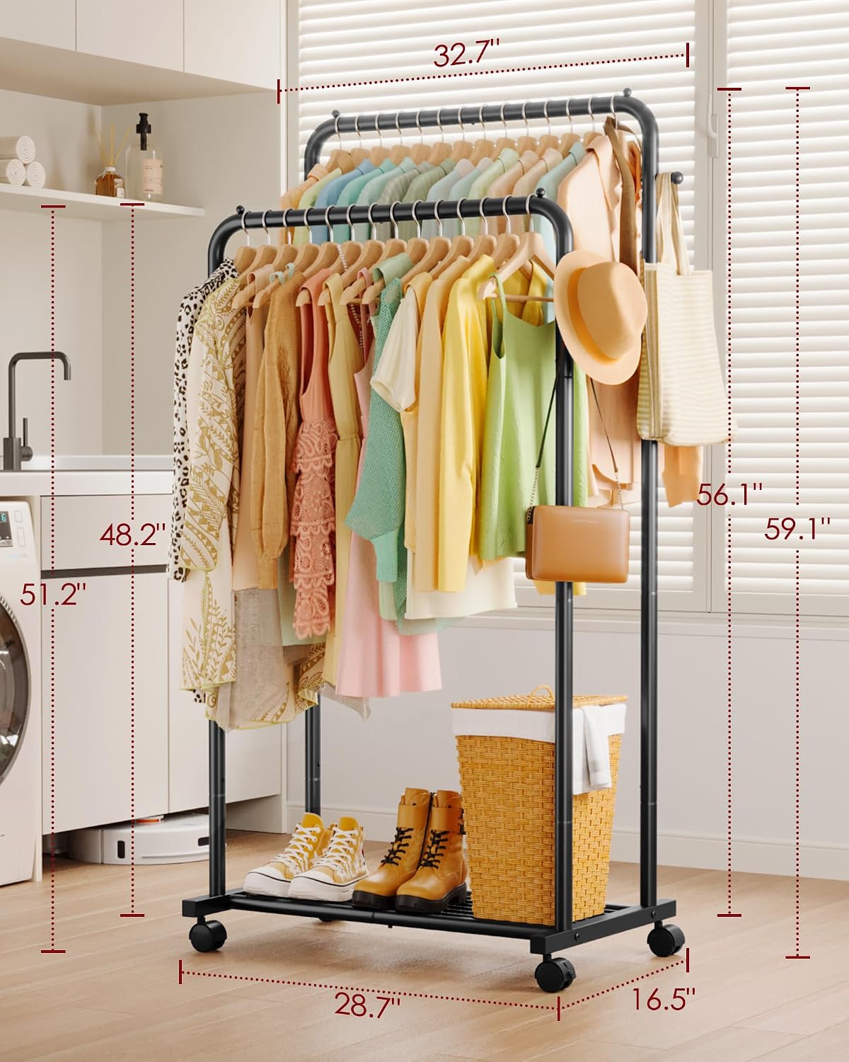 Black Double Rod Garment Rack with Mesh Shelf Wheels