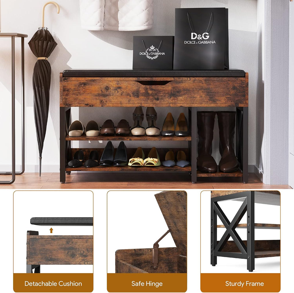 Brown Lift Top Cushioned Shoe Bench