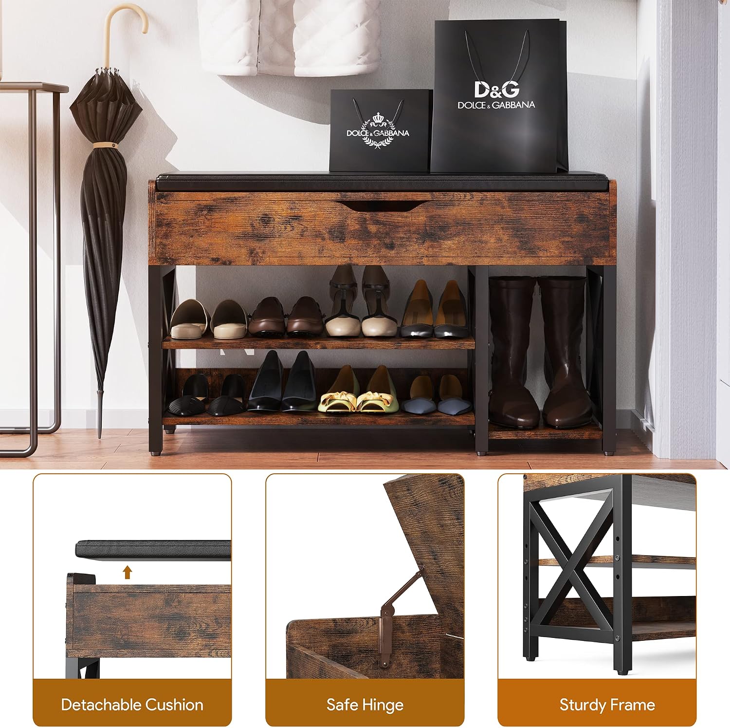 Brown Lift Top Cushioned Shoe Bench
