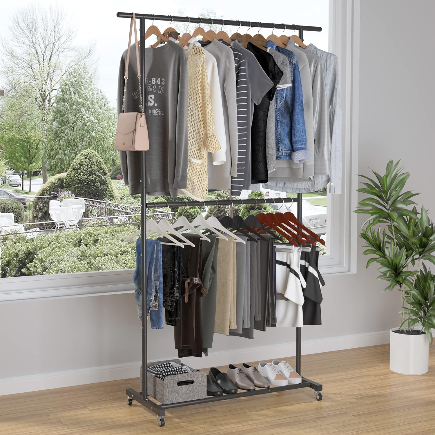 Black Rolling Double Rod Garment Rack
