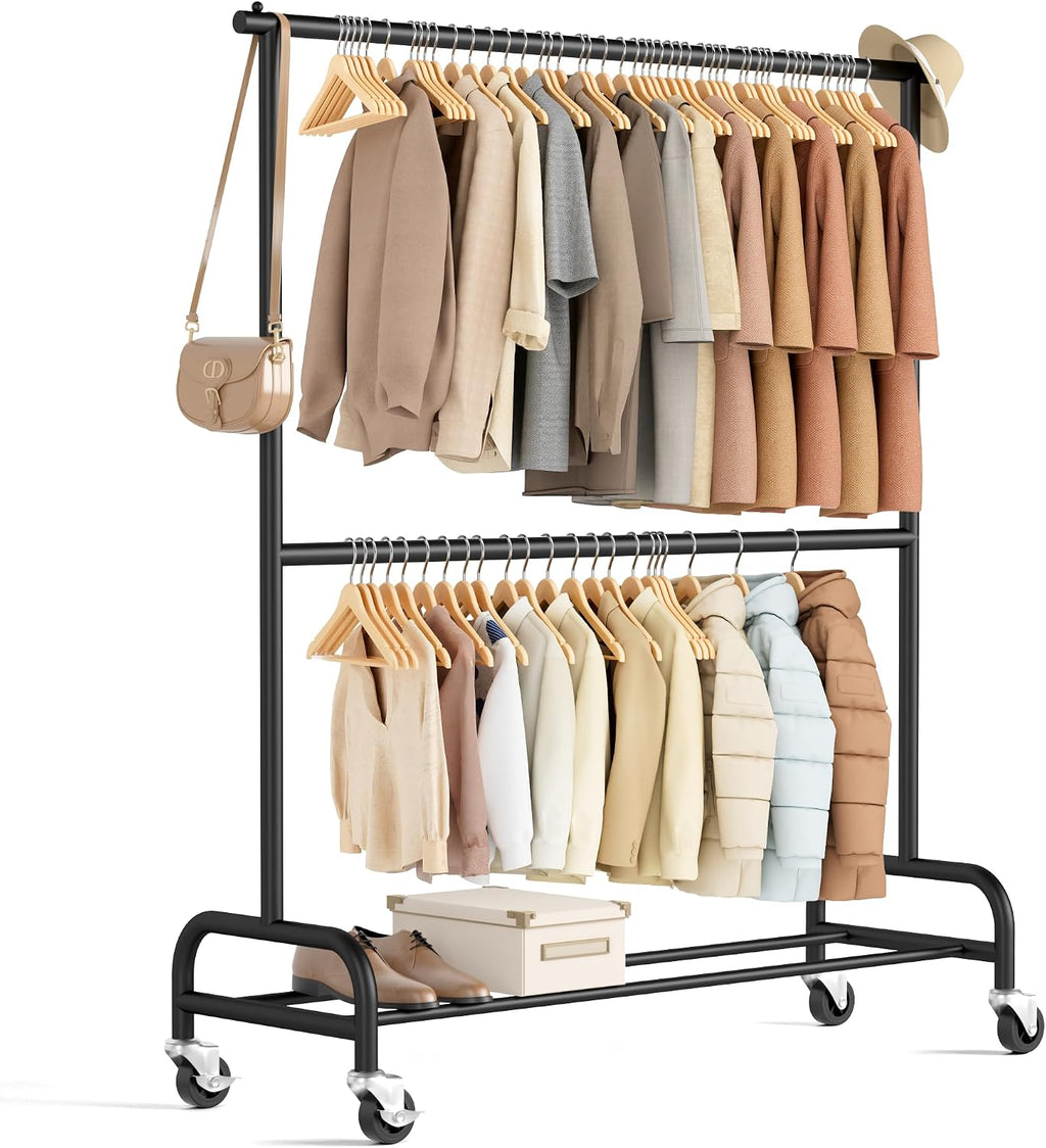 Black Double Rod Rolling Clothes Rack