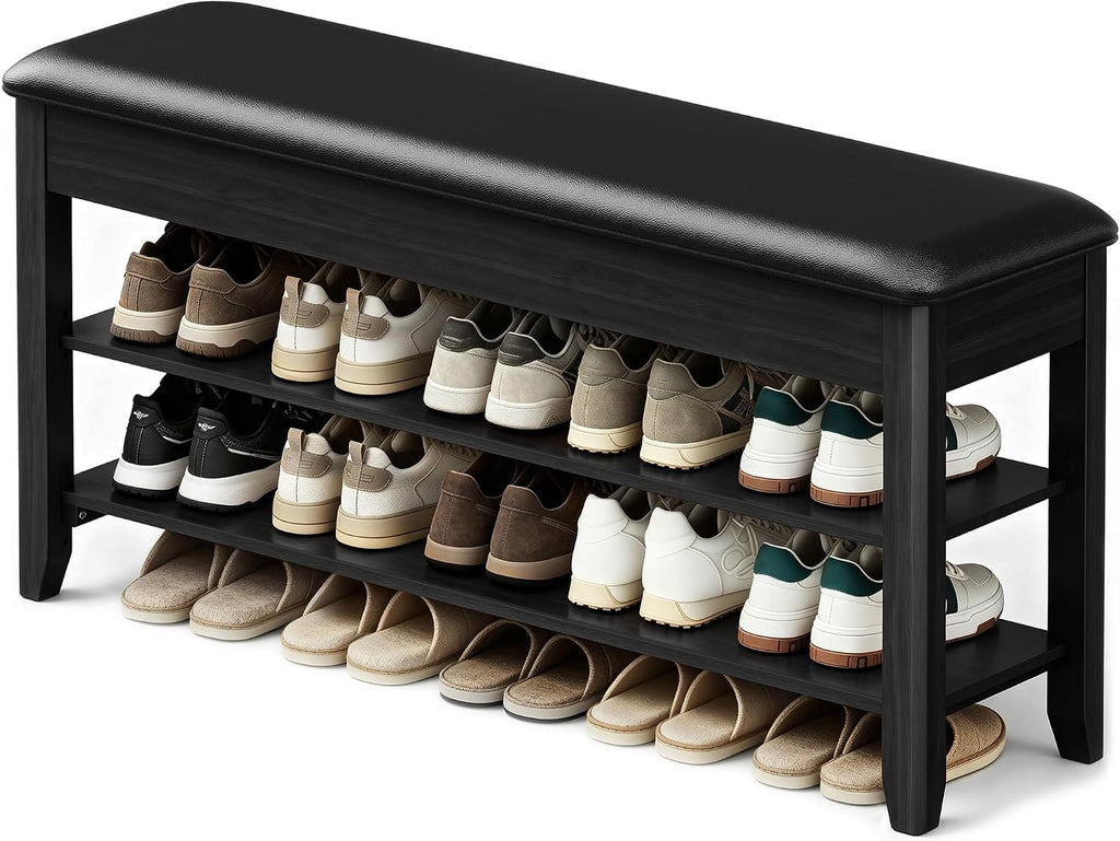Black Hidden Storage Cushioned Shoe Bench