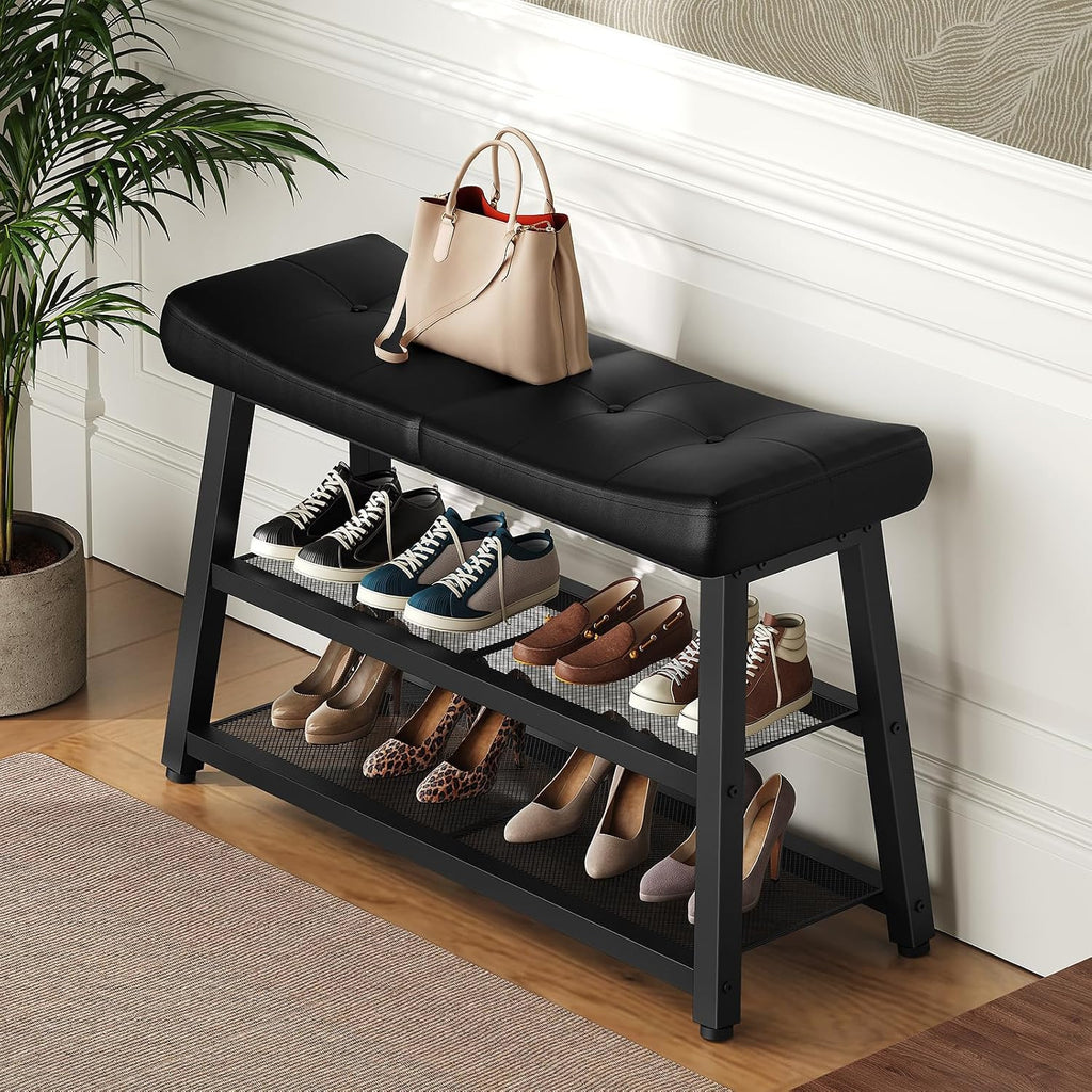 Black Cushioned 3-Tier Shoe Bench