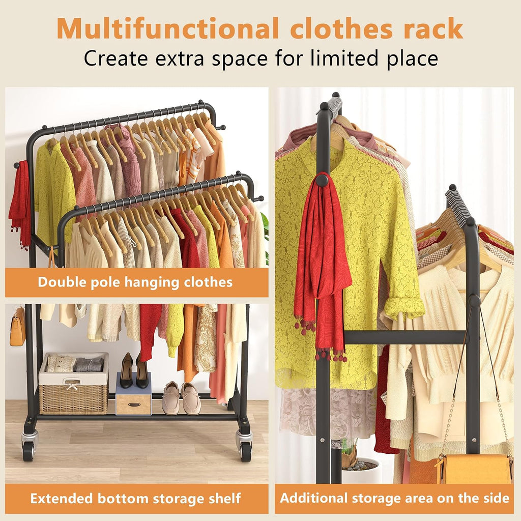 Black Double Rod Rolling Garment Rack