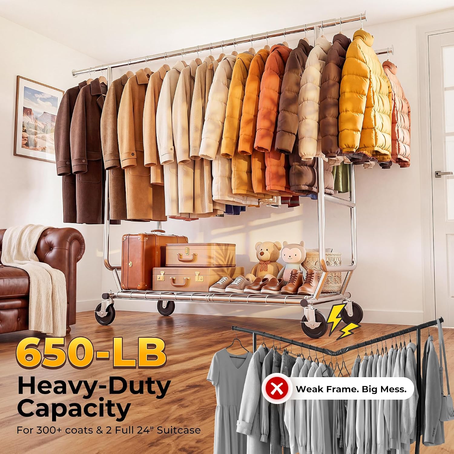 Heavy Duty Double Rod Rolling Garment Rack