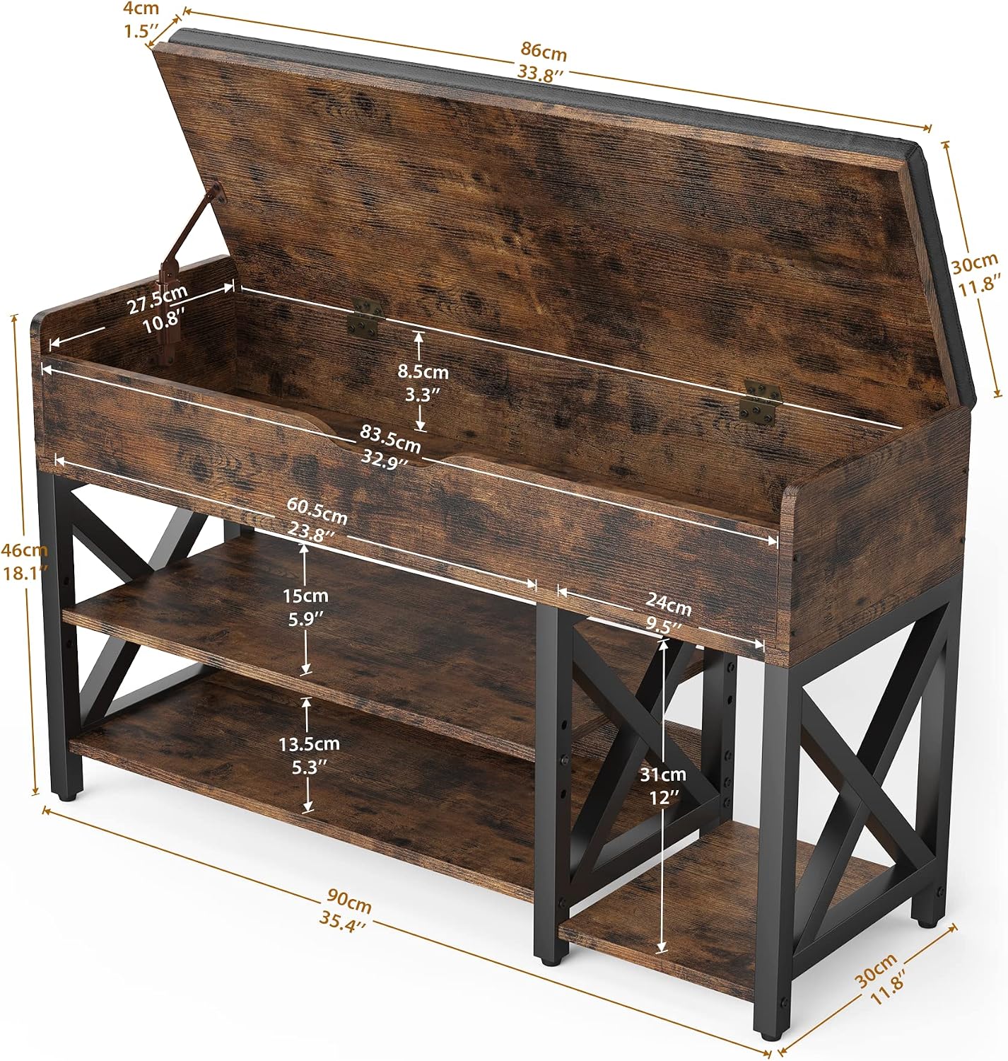 Brown Lift Top Cushioned Shoe Bench