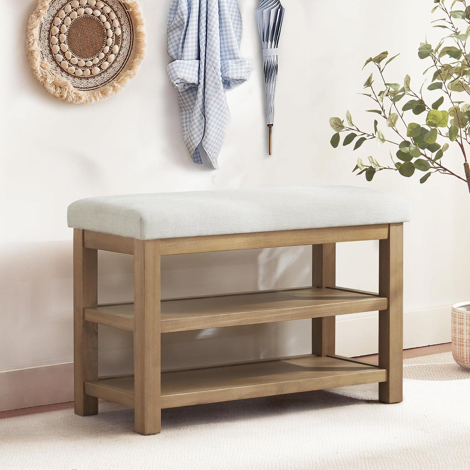 Beige Wood Cushioned 2-Tier Shoe Bench