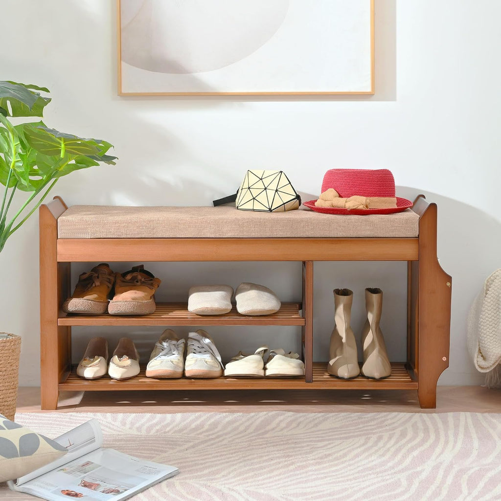 Bamboo Drawer Cushioned Shoe Bench