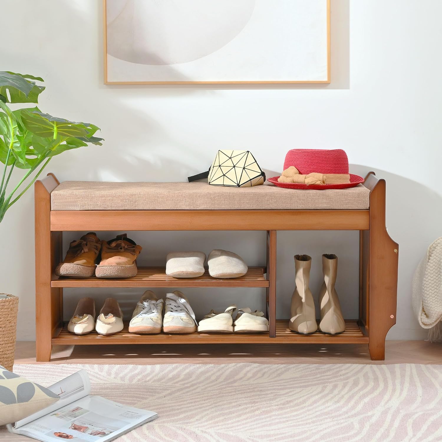 Bamboo Drawer Cushioned Shoe Bench
