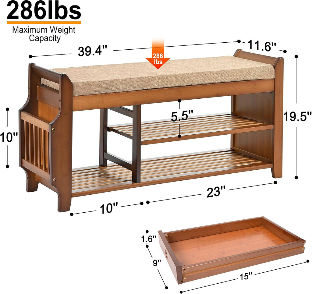Bamboo Drawer Cushioned Shoe Bench