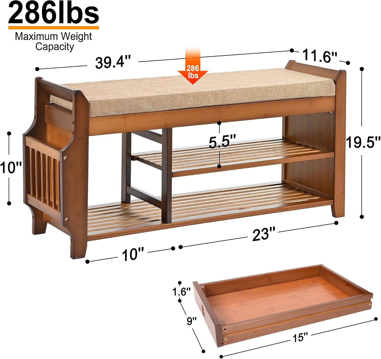 Bamboo Drawer Cushioned Shoe Bench
