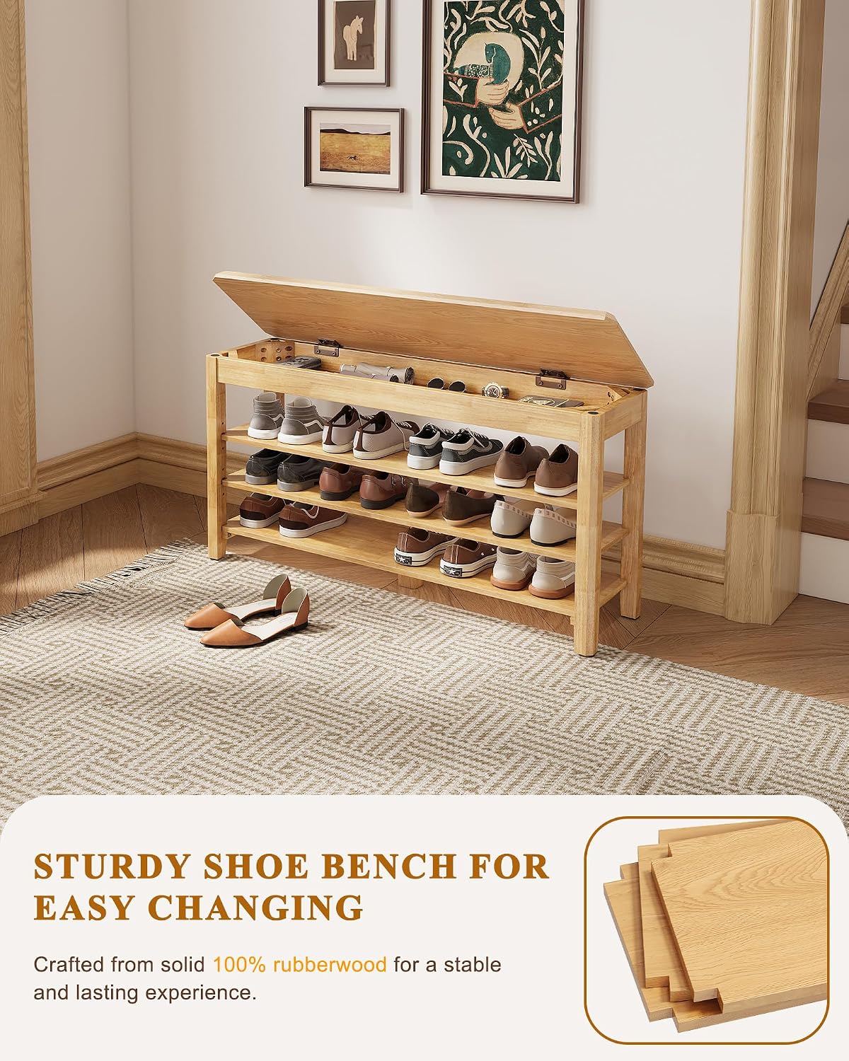 Wood Cushioned 3-Tier Shoe Bench