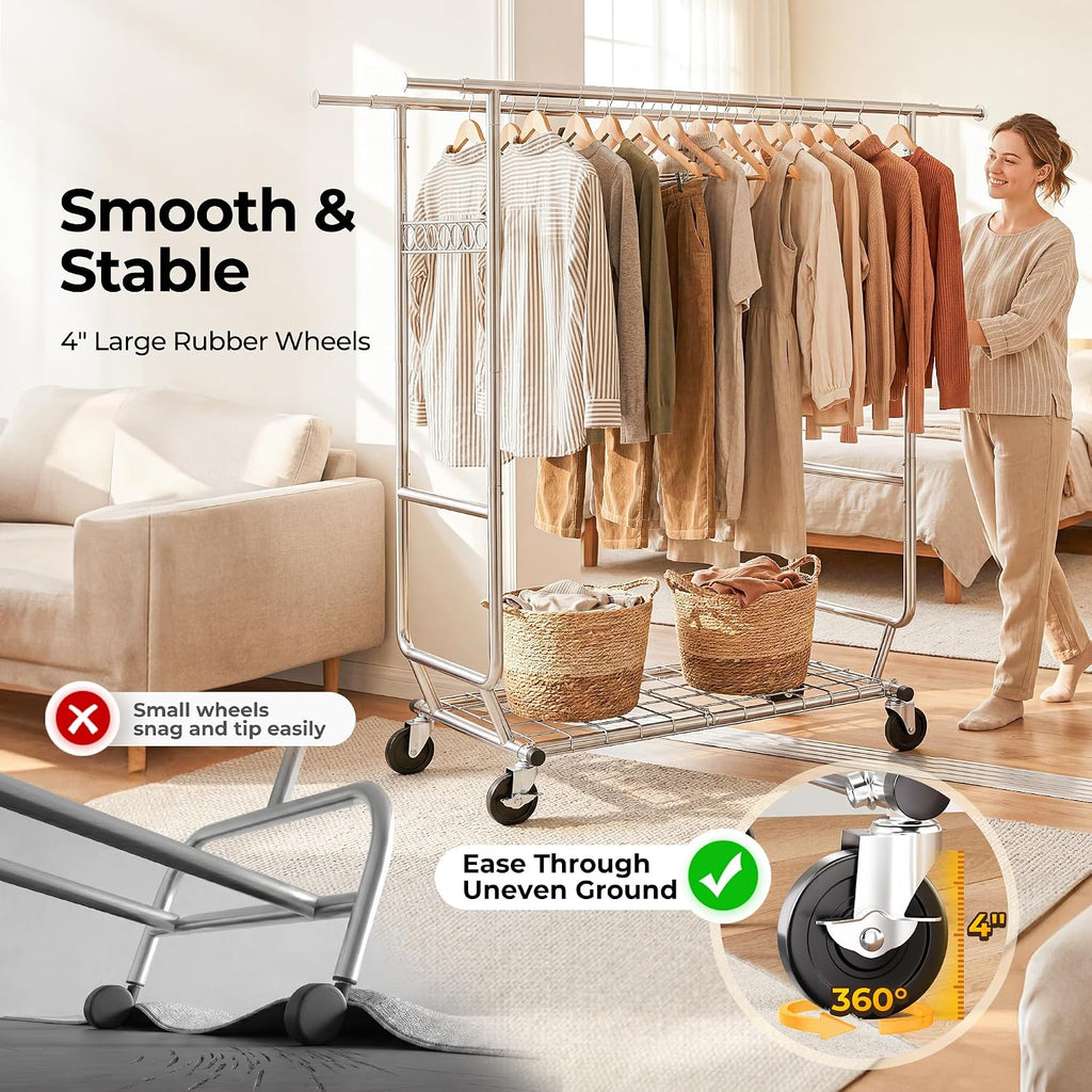 Heavy Duty Double Rod Rolling Garment Rack