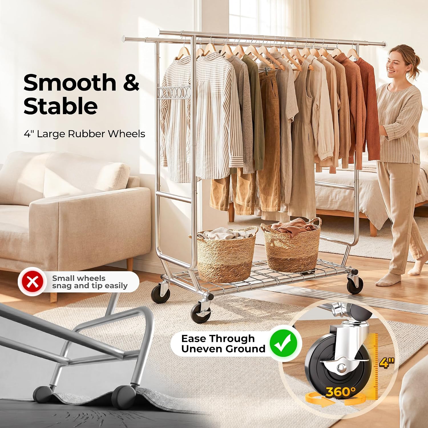Heavy Duty Double Rod Rolling Garment Rack