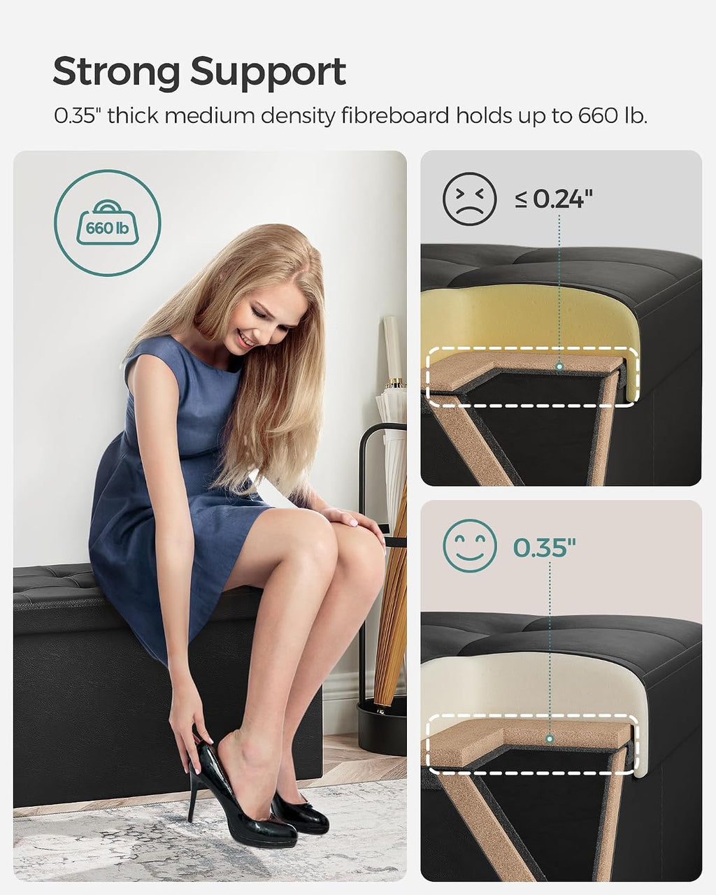 Black Leather Storage Ottoman Bench ULSF45BK