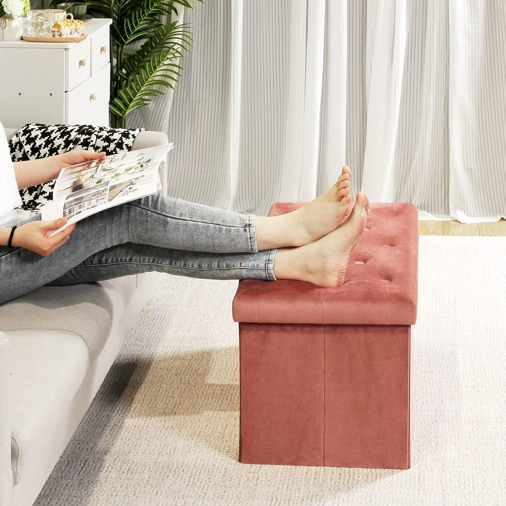 Red Velvet Storage Ottoman Bench