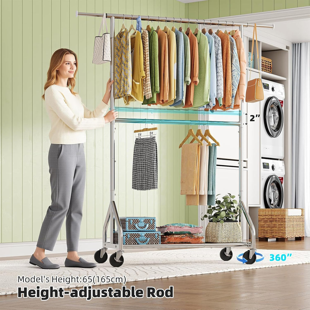 Chrome Rolling Double Rod Clothes Rack