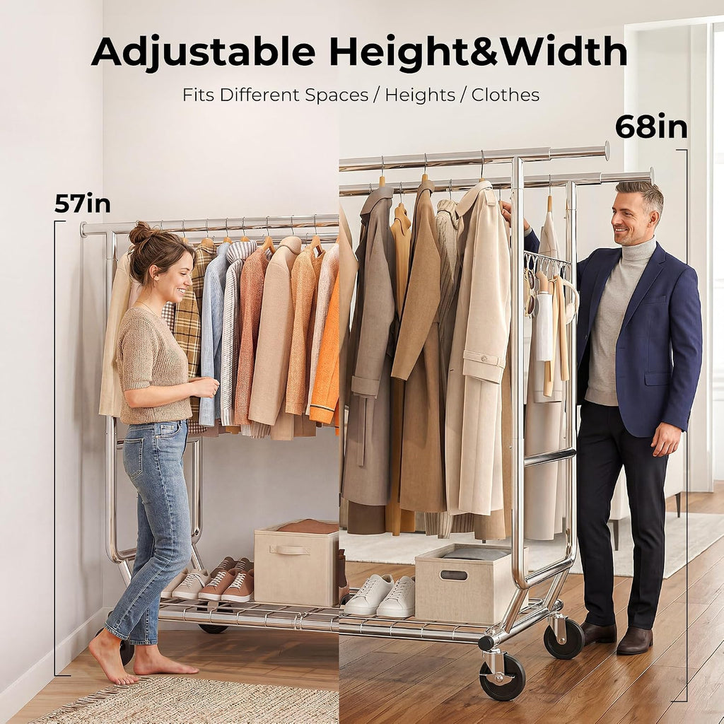 Heavy Duty Double Rod Rolling Garment Rack