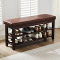 Brown Leather Cushion 2-Tier Shoe Bench