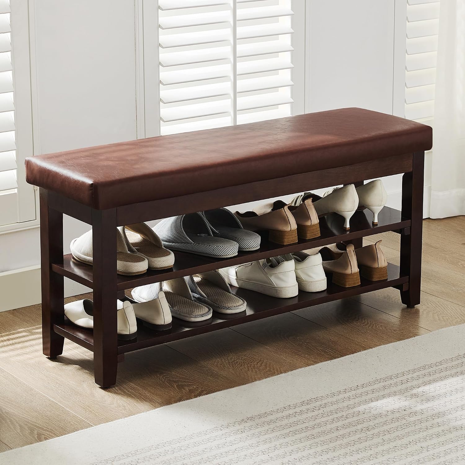 Brown Leather Cushion 2-Tier Shoe Bench
