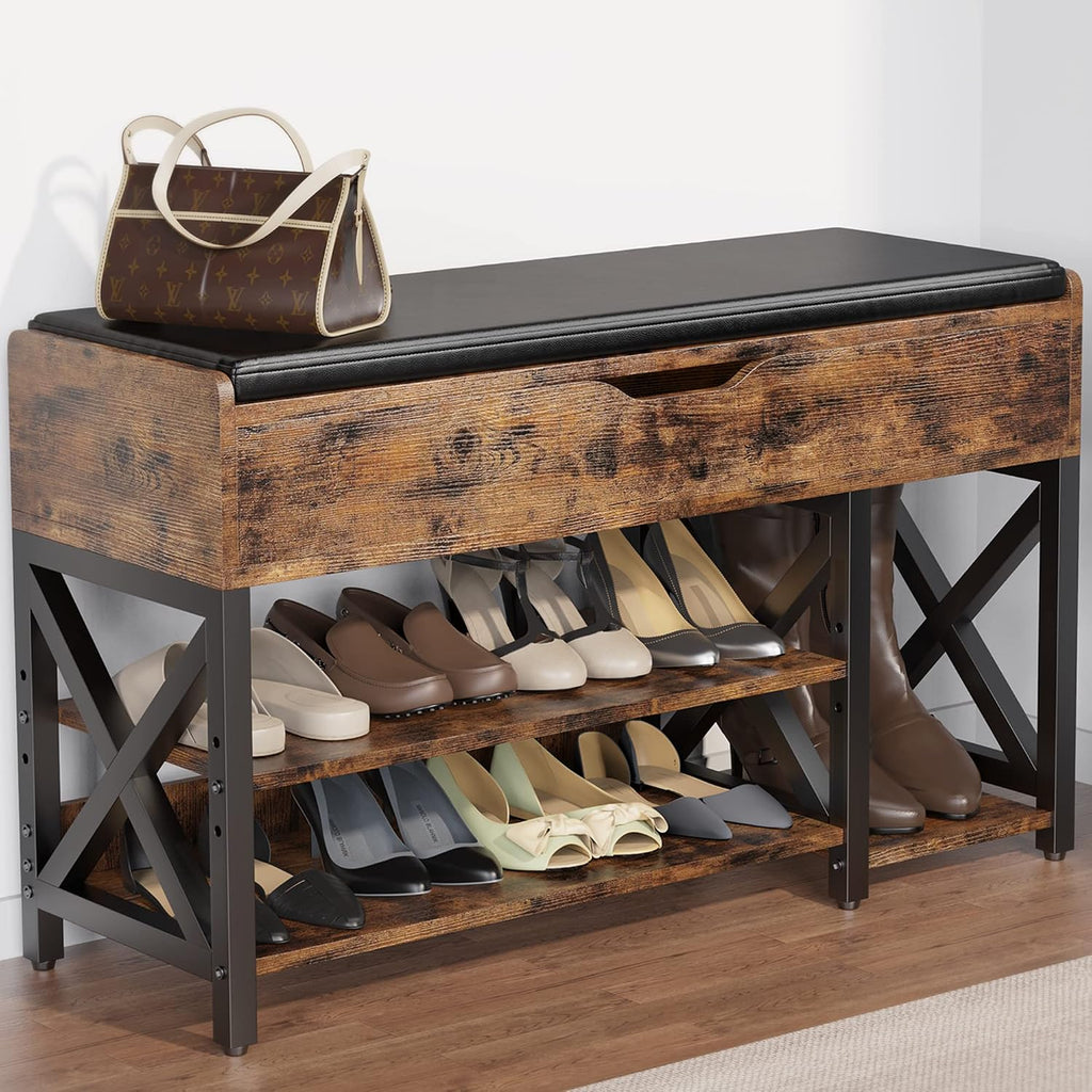 Brown Lift Top Cushioned Shoe Bench