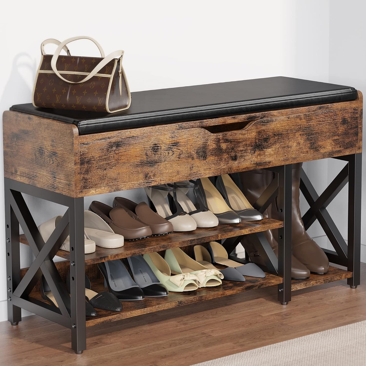 Brown Lift Top Cushioned Shoe Bench