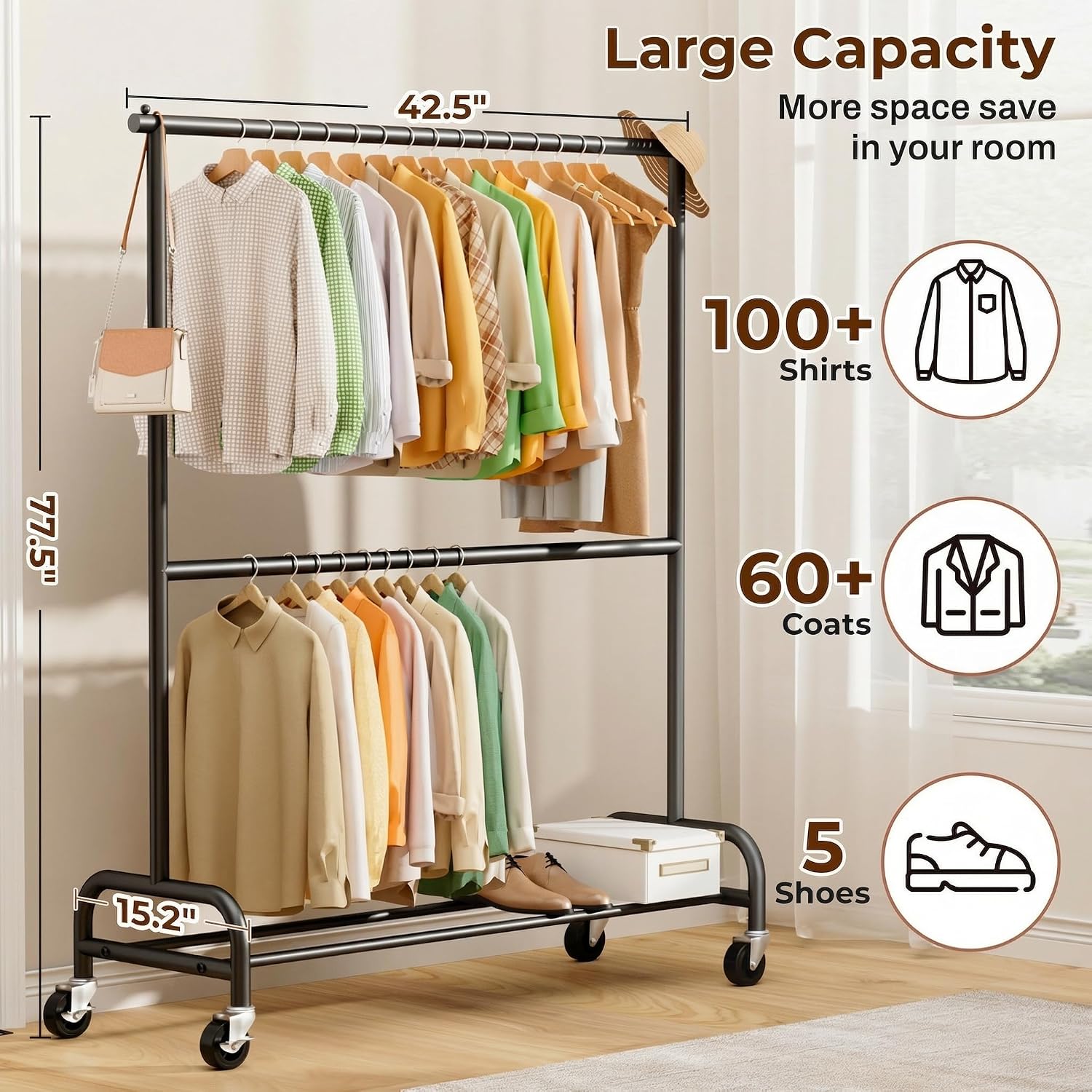 Black Double Rod Rolling Clothes Rack