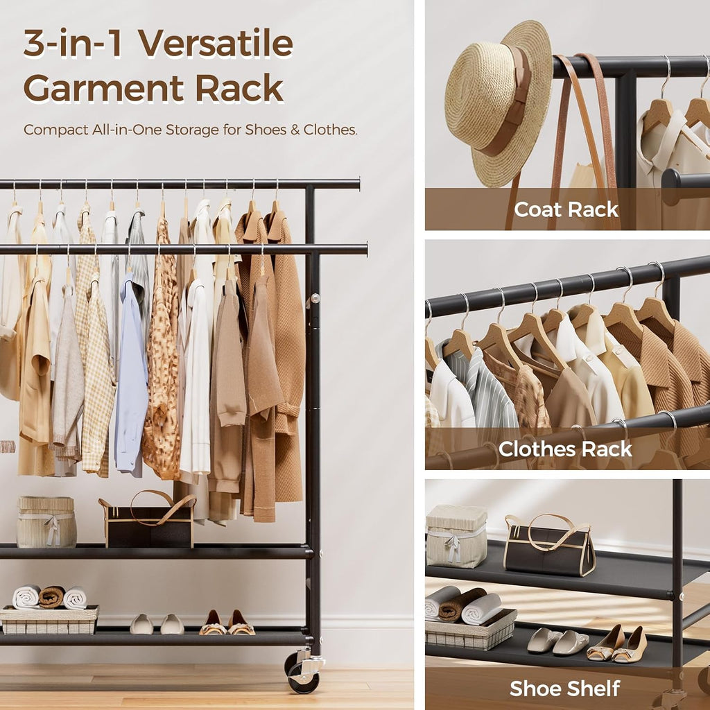 Double Rod Rolling Clothes Rack with 2-Tier Storage Shelves